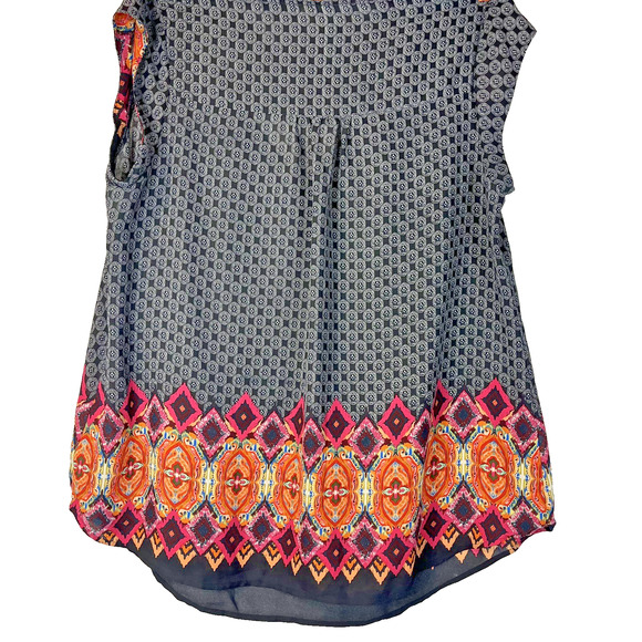 Daniel Rainn Women’s 2X Sleeveless Blouse Black Geo Print Boho Border Hem - Picture 2 of 6
